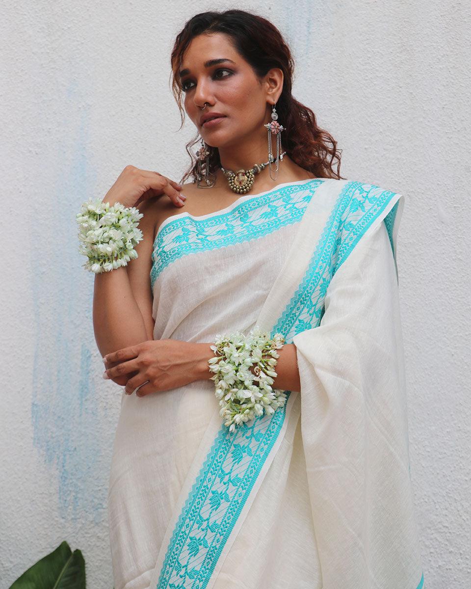 Sadhana Ivory Handwoven Linen Cotton Jamdani Saree - Uma