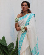 Sadhana Ivory Handwoven Linen Cotton Jamdani Saree - Uma