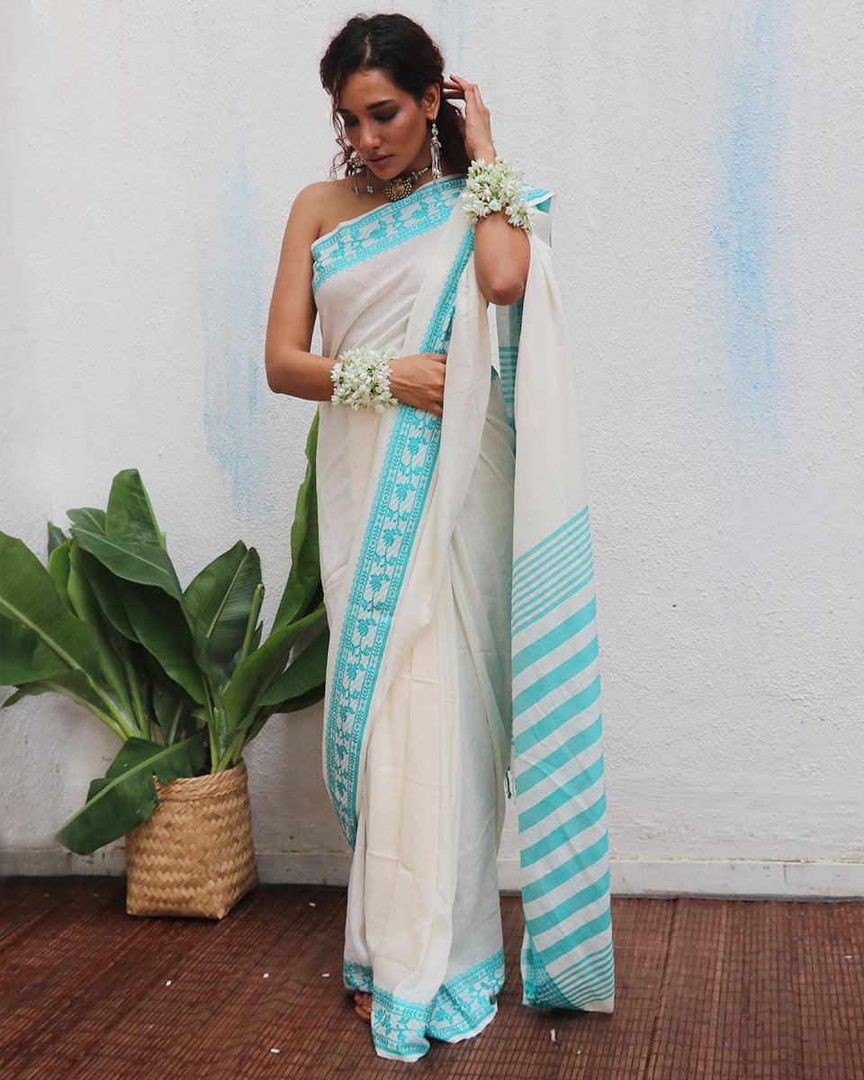 Sadhana Ivory Handwoven Linen Cotton Jamdani Saree - Uma