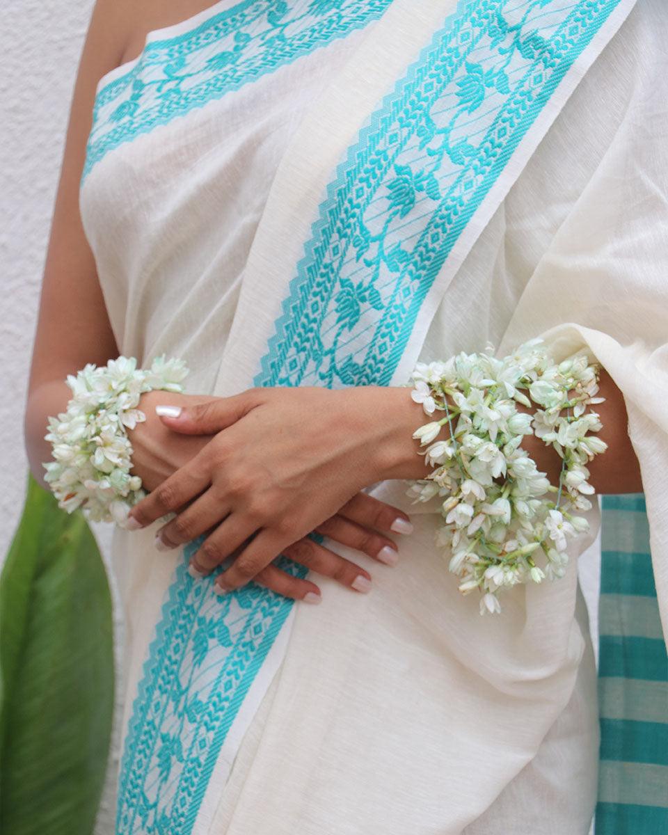 Sadhana Ivory Handwoven Linen Cotton Jamdani Saree - Uma