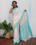Sadhana Ivory Handwoven Linen Cotton Jamdani Saree - Uma