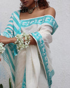 Sadhana Ivory Handwoven Linen Cotton Jamdani Saree - Uma