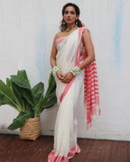 Chitra Ivory Handwoven Linen Cotton Jamdani Saree - Uma