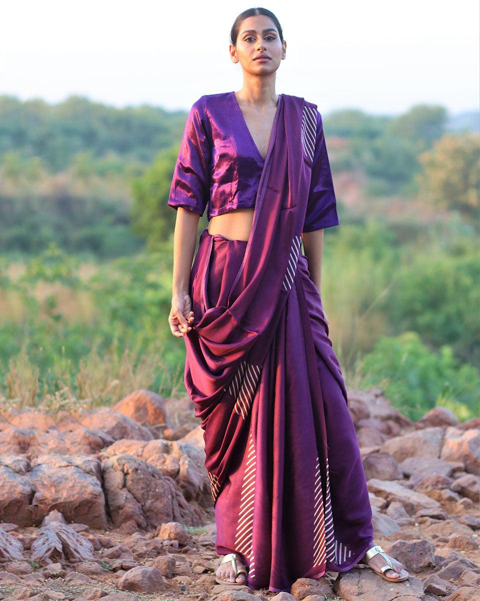 Purple Blockprinted Modal Silk Saree - Rang