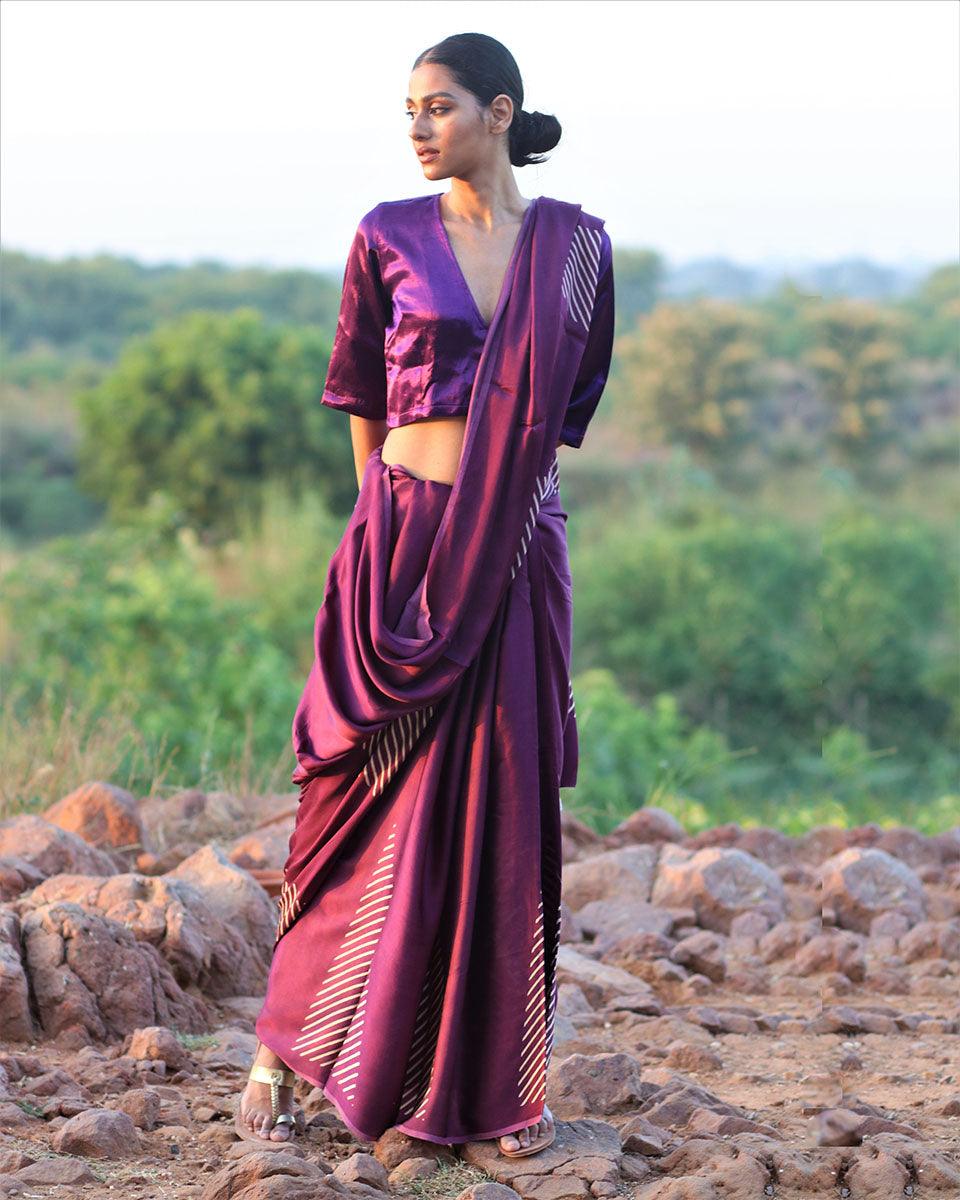 Purple Blockprinted Modal Silk Saree - Rang