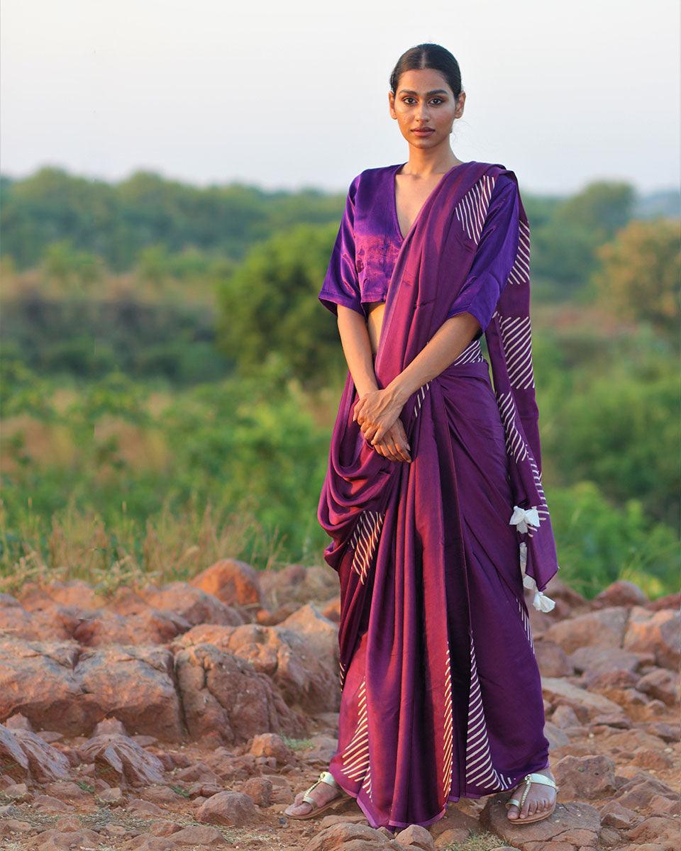 Purple Blockprinted Modal Silk Saree - Rang