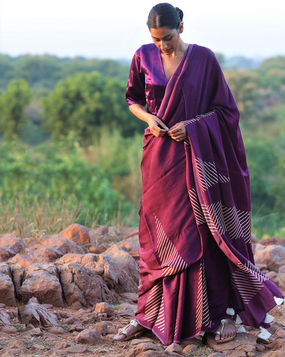 Purple Blockprinted Modal Silk Saree - Rang