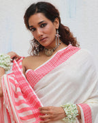 Chitra Ivory Handwoven Linen Cotton Jamdani Saree - Uma