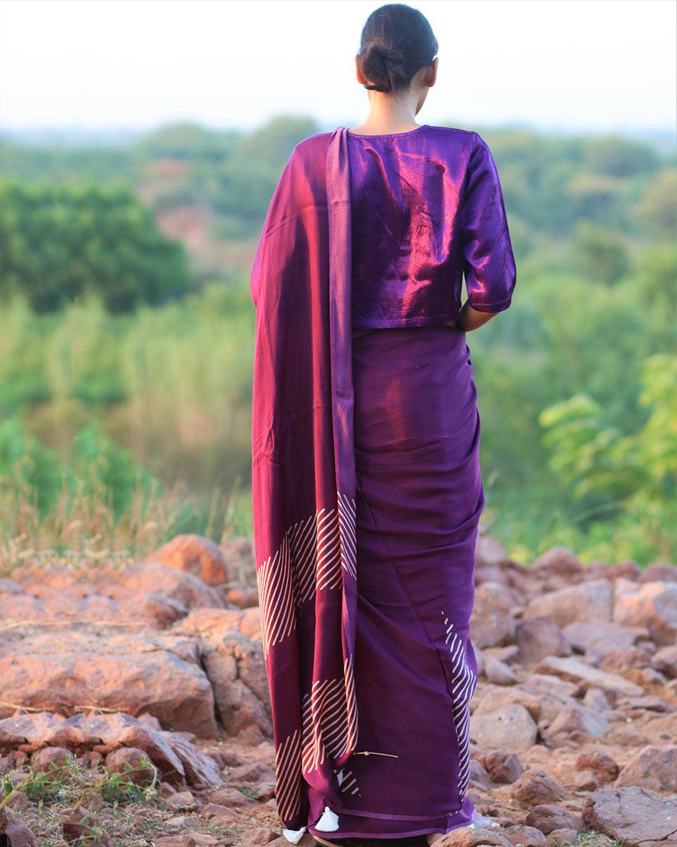 Purple Blockprinted Modal Silk Saree - Rang