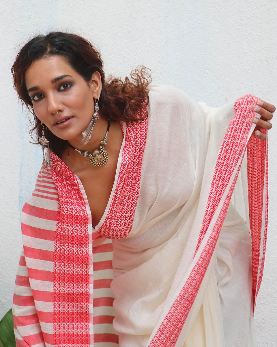 Chitra Ivory Handwoven Linen Cotton Jamdani Saree - Uma