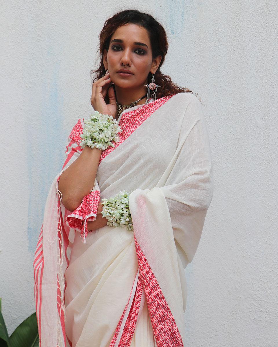 Chitra Ivory Handwoven Linen Cotton Jamdani Saree - Uma