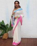 Savitri Ivory Handwoven Linen Cotton Jamdani Saree - Uma