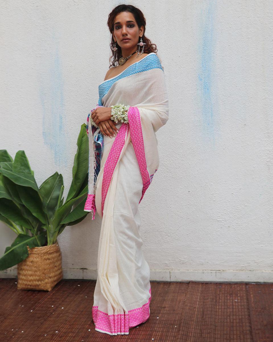 Savitri Ivory Handwoven Linen Cotton Jamdani Saree - Uma