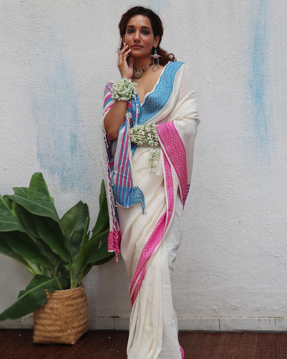 Savitri Ivory Handwoven Linen Cotton Jamdani Saree - Uma