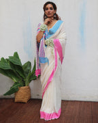 Savitri Ivory Handwoven Linen Cotton Jamdani Saree - Uma