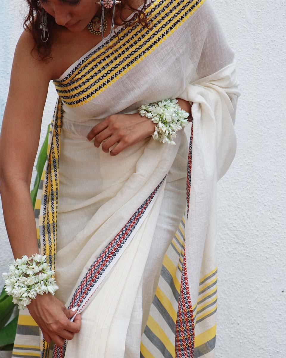 Gauri Ivory Handwoven Linen Cotton Jamdani Saree - Uma