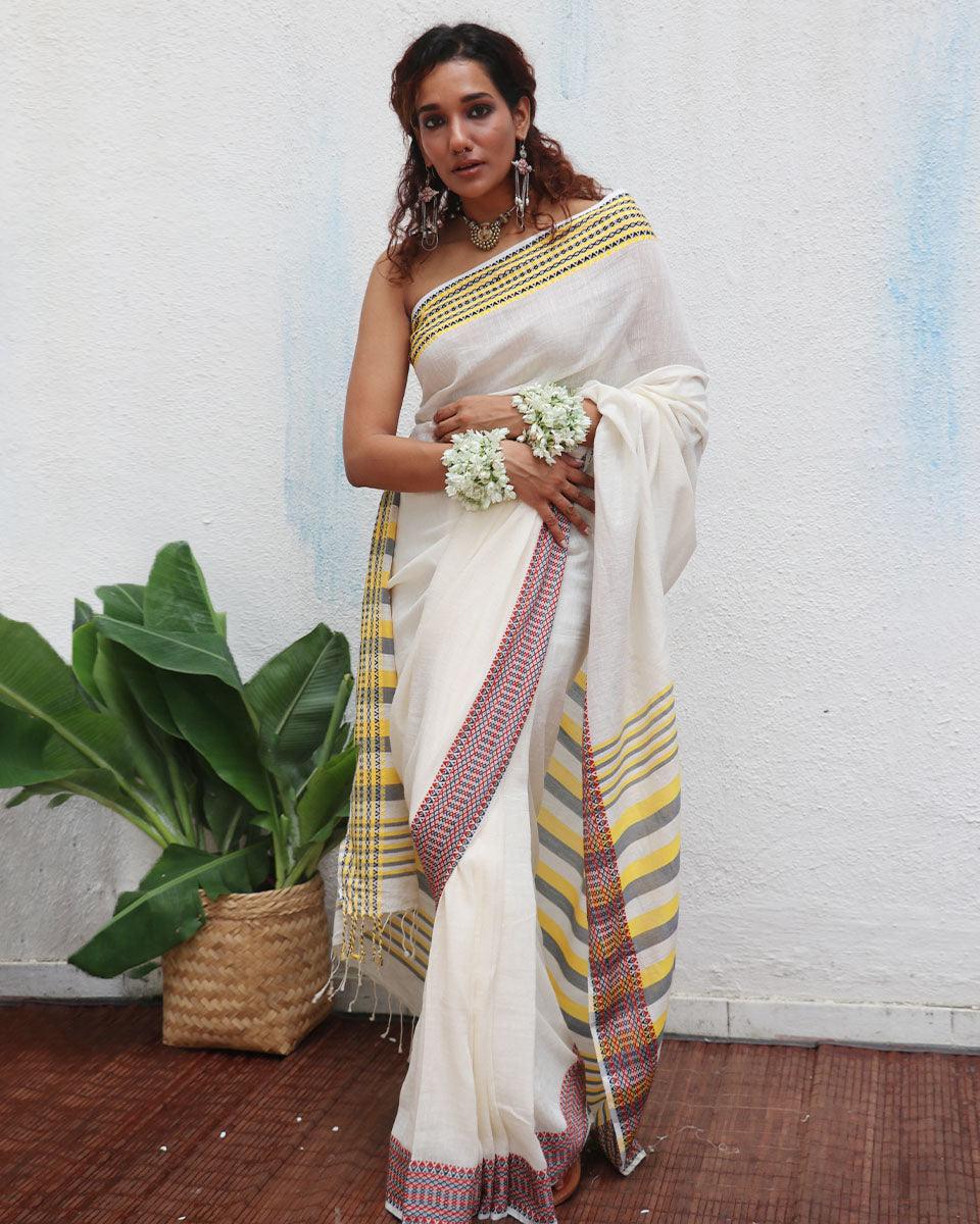 Gauri Ivory Handwoven Linen Cotton Jamdani Saree - Uma