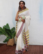 Gauri Ivory Handwoven Linen Cotton Jamdani Saree - Uma