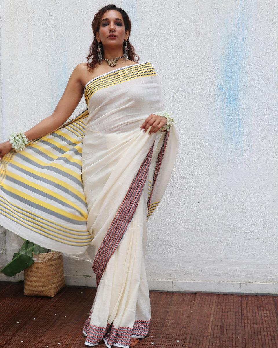 Gauri Ivory Handwoven Linen Cotton Jamdani Saree - Uma