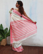 Trinetra Ivory Handwoven Linen Cotton Jamdani Saree - Uma