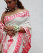 Trinetra Ivory Handwoven Linen Cotton Jamdani Saree - Uma