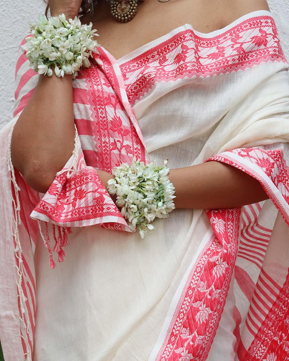 Trinetra Ivory Handwoven Linen Cotton Jamdani Saree - Uma