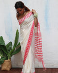 Trinetra Ivory Handwoven Linen Cotton Jamdani Saree - Uma