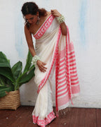 Trinetra Ivory Handwoven Linen Cotton Jamdani Saree - Uma