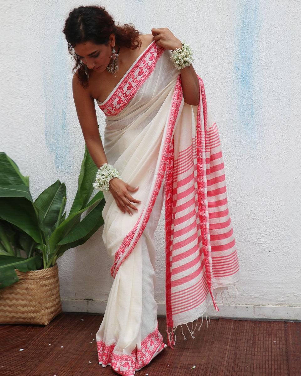 Trinetra Ivory Handwoven Linen Cotton Jamdani Saree - Uma