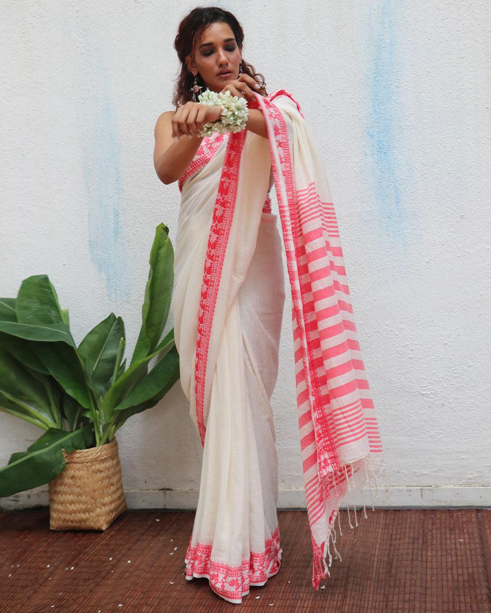 Trinetra Ivory Handwoven Linen Cotton Jamdani Saree - Uma