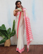 Trinetra Ivory Handwoven Linen Cotton Jamdani Saree - Uma