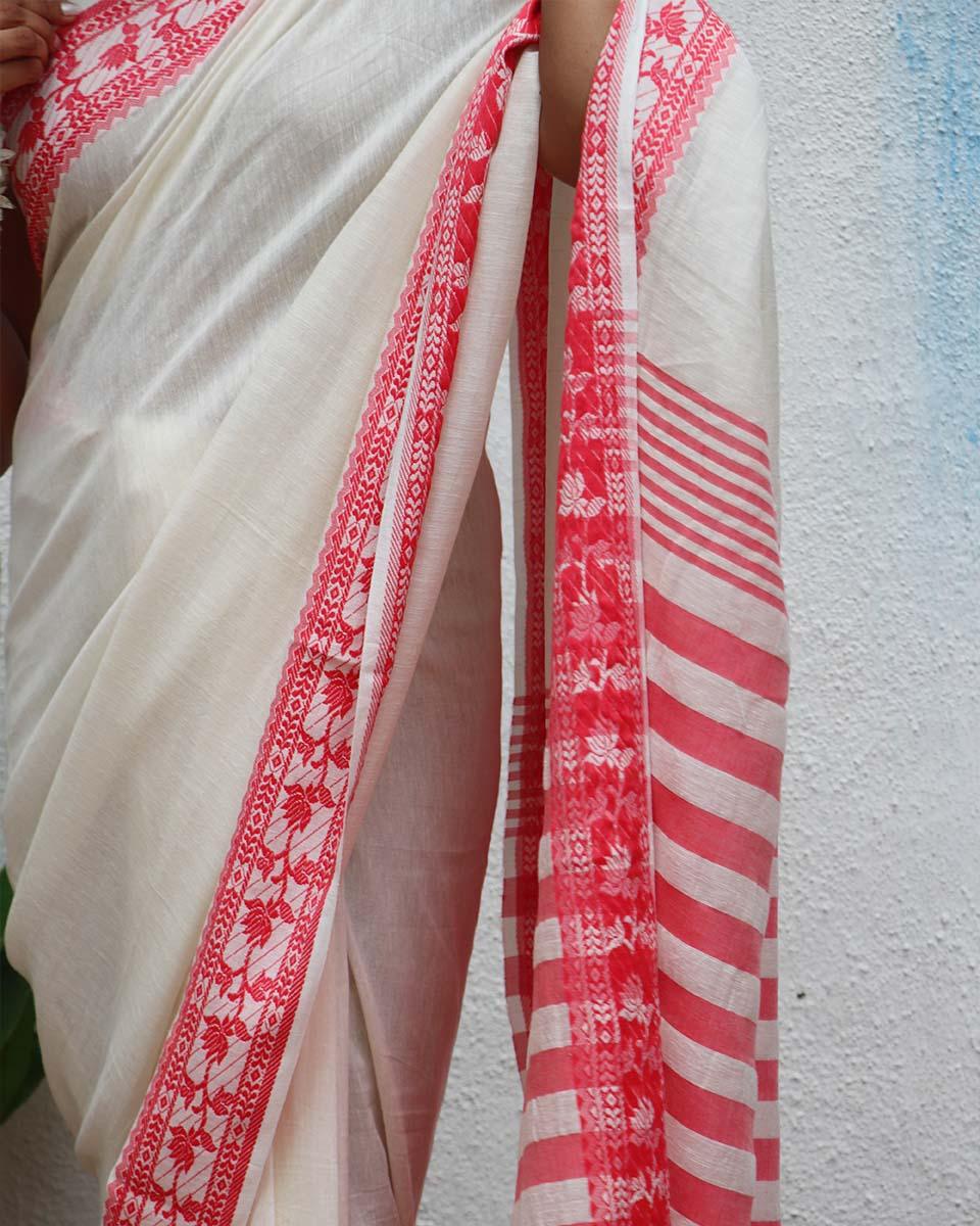 Trinetra Ivory Handwoven Linen Cotton Jamdani Saree - Uma