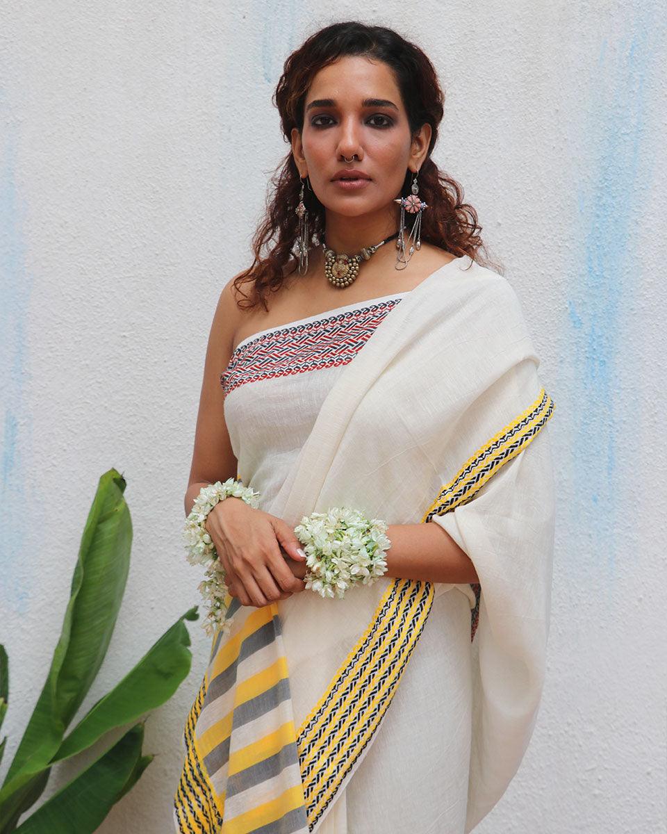 Adya Ivory Handwoven Linen Cotton Jamdani Saree - Uma