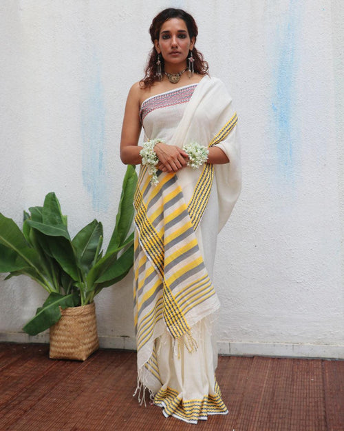 Adya Ivory Handwoven Linen Cotton Jamdani Saree - Uma