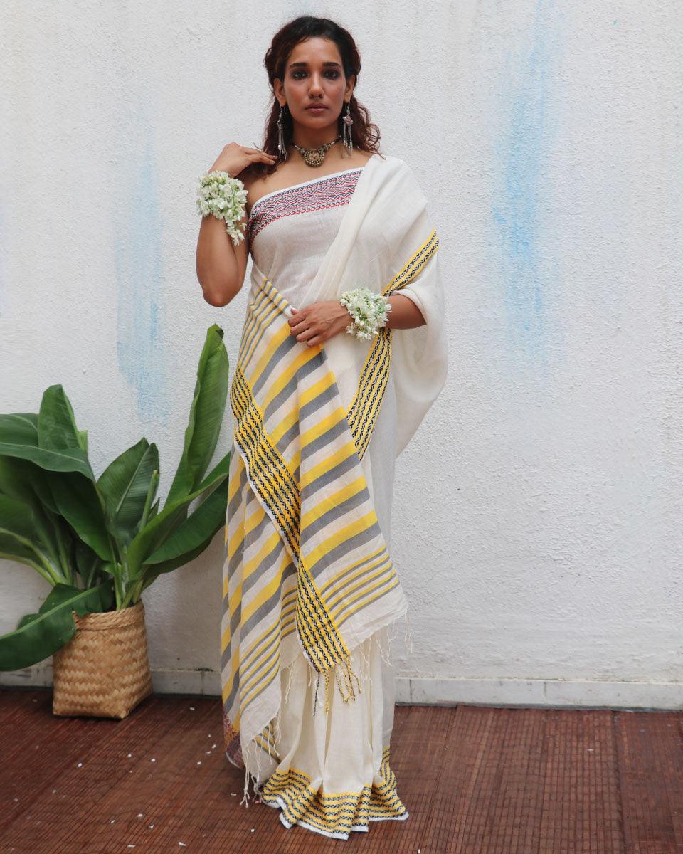 Adya Ivory Handwoven Linen Cotton Jamdani Saree - Uma