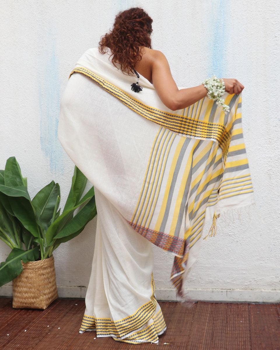 Adya Ivory Handwoven Linen Cotton Jamdani Saree - Uma