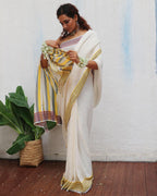 Adya Ivory Handwoven Linen Cotton Jamdani Saree - Uma