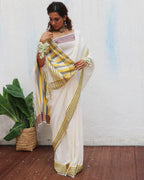Adya Ivory Handwoven Linen Cotton Jamdani Saree - Uma