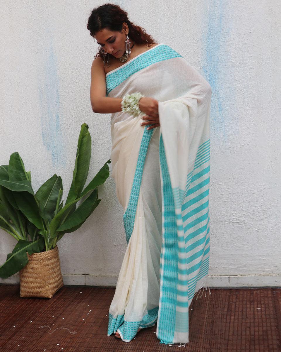 Abhaya Ivory Handwoven Linen Cotton Jamdani Saree - Uma
