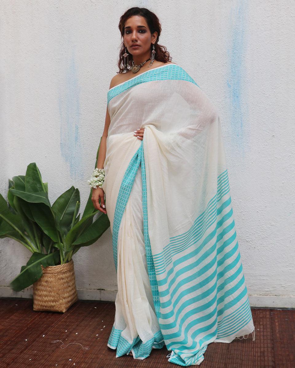 Abhaya Ivory Handwoven Linen Cotton Jamdani Saree - Uma
