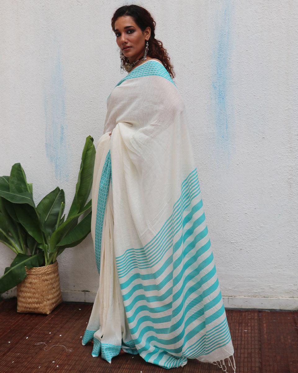 Abhaya Ivory Handwoven Linen Cotton Jamdani Saree - Uma