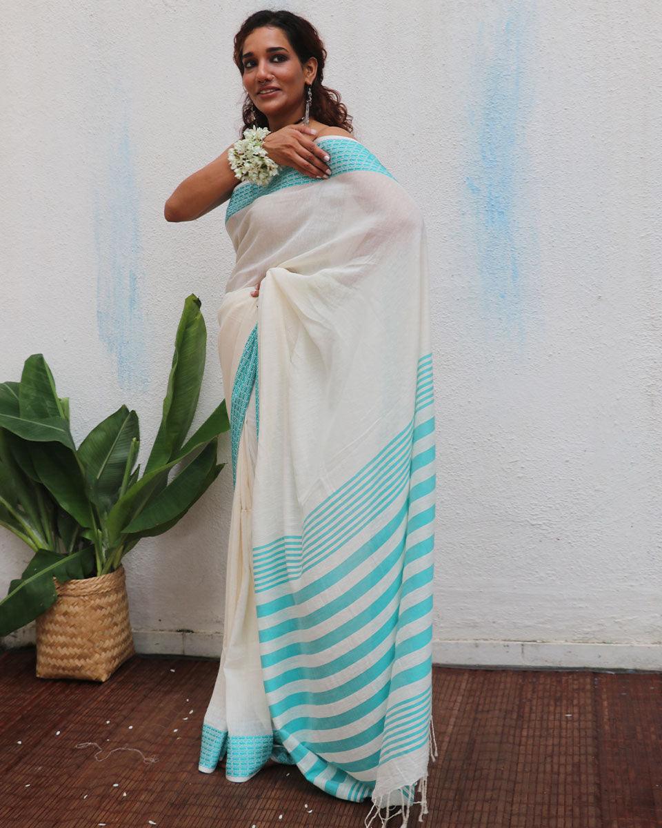 Abhaya Ivory Handwoven Linen Cotton Jamdani Saree - Uma