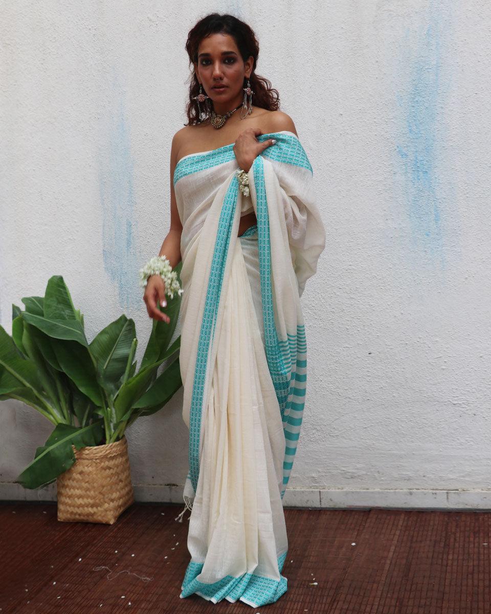 Abhaya Ivory Handwoven Linen Cotton Jamdani Saree - Uma