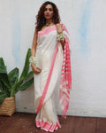 Vaarahi Ivory Handwoven Linen Cotton Jamdani Saree - Uma