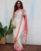 Vaarahi Ivory Handwoven Linen Cotton Jamdani Saree - Uma