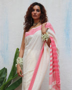 Vaarahi Ivory Handwoven Linen Cotton Jamdani Saree - Uma