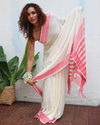 Vaarahi Ivory Handwoven Linen Cotton Jamdani Saree - Uma