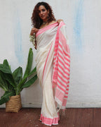 Vaarahi Ivory Handwoven Linen Cotton Jamdani Saree - Uma