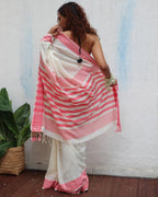 Vaarahi Ivory Handwoven Linen Cotton Jamdani Saree - Uma