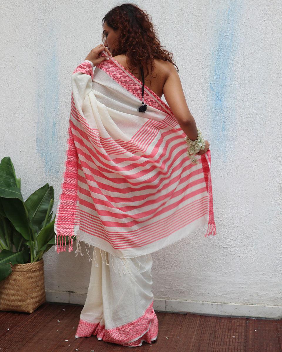 Vaarahi Ivory Handwoven Linen Cotton Jamdani Saree - Uma